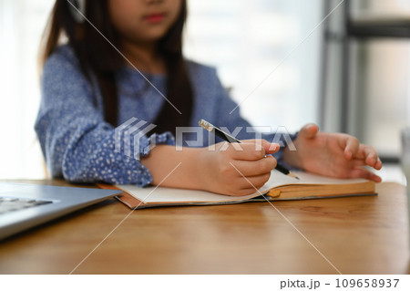 Closeup schoolgirl writing on notebook while studying online on laptop at home. Online education concept. Closeup schoolgirl writing on notebook while studying online on laptop at home. Online education concept. 109658937