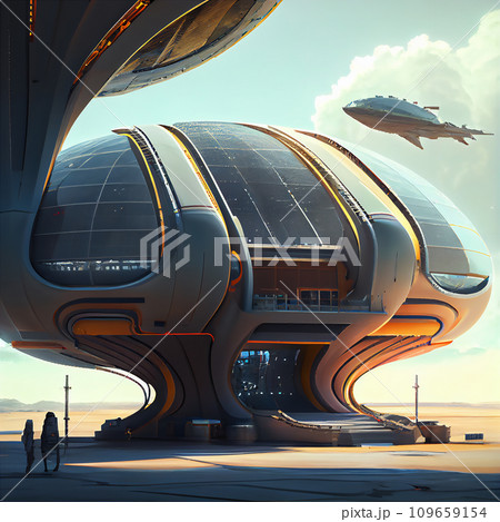 AI-generated content. Huge futuristic spaceport on some planet. AI creative illustration 109659154