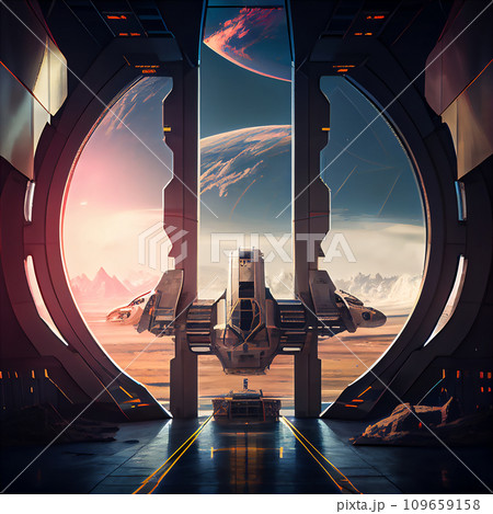 AI-generated content. Huge futuristic spaceport on some planet. AI creative illustration 109659158