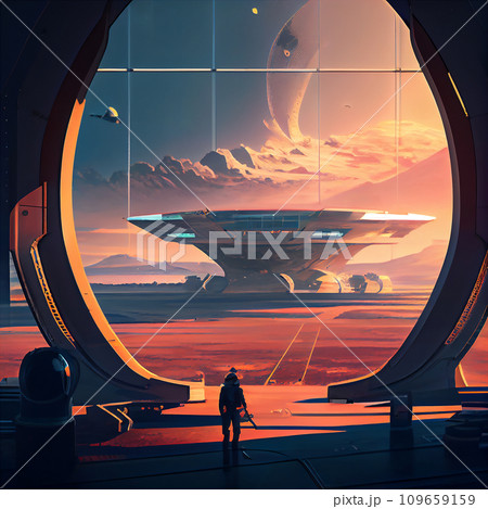 AI-generated content. Huge futuristic spaceport on some planet. AI creative illustration 109659159