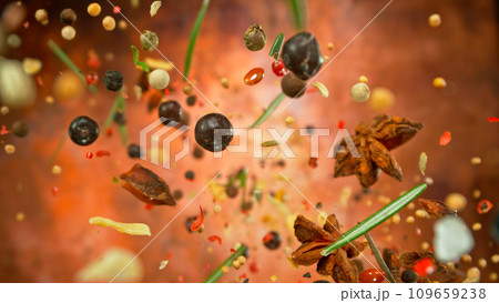 Freeze Motion Shot of Flying Various Spices, Macro Freeze Motion Shot of Flying Various Spices, Macro 109659238