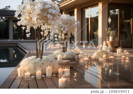 Wedding decoration of the villa's outdoor terrace with candles and white flowers 109659451