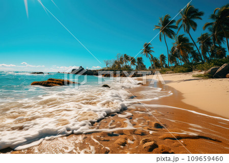 Sandy beach with palm trees and waves on a sunny day by the sea or ocean. Summer holidays 109659460