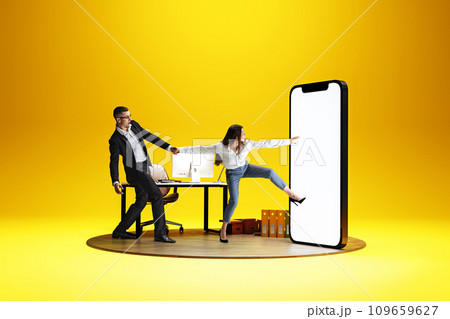 New business opportunities. Young woman holding man's hand and stepping into 3D model of giant phone with empty screen over yellow background. 109659627