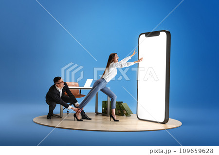 New opportunities. Man holding smiling woman running into giant 3D model of phone with empty screen over blue background. New opportunities. Man holding smiling woman running into giant 3D model of phone with empty screen over blue background. 109659628