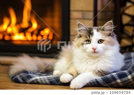 The cat sleeps near the fireplace in winter. 109659784