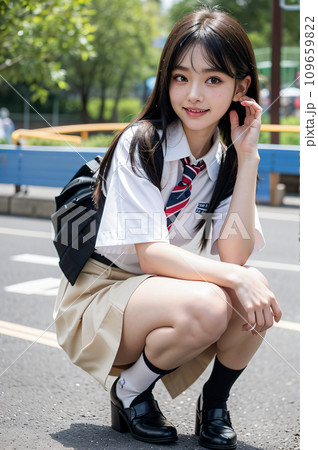 道端に座る制服姿の女子高生 AI画像 AI写真 道端に座る制服姿の女子高生 AI画像 AI写真 109659822