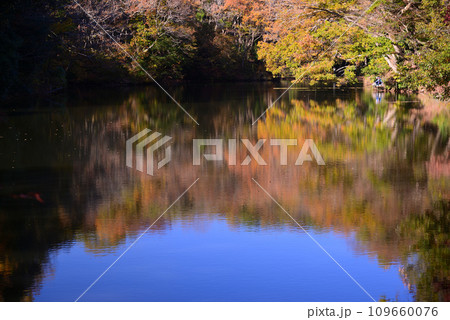 湖面に映る紅葉が美しい震生湖の秋 湖面に映る紅葉が美しい震生湖の秋 109660076