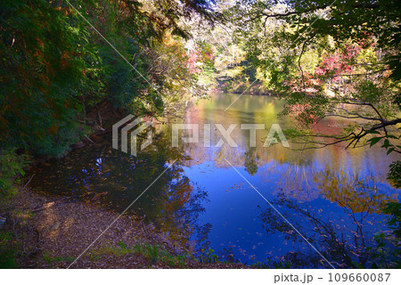 湖面に映る紅葉が美しい震生湖の秋 109660087