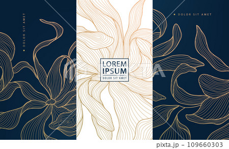 Vector set of art deco floral luxury patterns, golden royal tags with flowers and leaves. Use for jewelry, tea, spa, menu, chocolate, wine package concepts Vector set of art deco floral luxury patterns, golden royal tags with flowers and leaves. Use for jewelry, tea, spa, menu, chocolate, wine package concepts 109660303