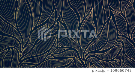 Vector art deco line pattern, luxury abstract leaves texture, golden floral wallpaper. Elegant palm ornament, japanese style Vector art deco line pattern, luxury abstract leaves texture, golden floral wallpaper. Elegant palm ornament, japanese style 109660745