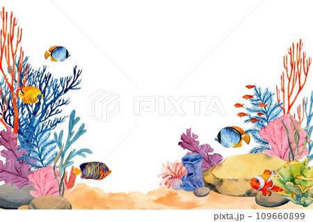 Coral reefs with tropical fish, rocks and algae. Underwater landscape. Bright watercolor illustration. The plot for the design of banners, souvenirs, postcards, posters, design and printing 109660899