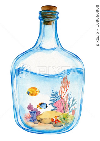 Underwater world in a glass bottle. Watercolor illustration of a reef in a transparent jar. Composition of bright fish, corals, sand. Clipart for summer design. 109660908