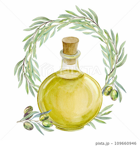 Bottle of fresh extra virgin olive oil and green olives with leaves isolated on white background 109660946