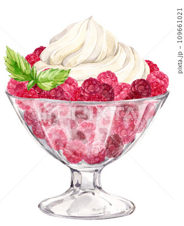 Ripe raspberries in a dessert glass and a beautiful peak of whipped cream on top. Watercolor illustration. Refreshing summer dessert, frozen yogurt and berries, mint. clipart for cafe, restaurant menu Ripe raspberries in a dessert glass and a beautiful peak of whipped cream on top. Watercolor illustration. Refreshing summer dessert, frozen yogurt and berries, mint. clipart for cafe, restaurant menu 109661021