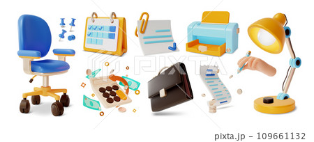 3d Office Icon Set Cartoon Style Include of Calculator, Chair, Calendar, Printer and Lamp. Vector illustration 3d Office Icon Set Cartoon Style Include of Calculator, Chair, Calendar, Printer and Lamp. Vector illustration 109661132