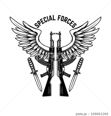 Special forces. ak 47 assault rifles with wings. Design element for logo, label, sign, emblem. Vector illustration Special forces. ak 47 assault rifles with wings. Design element for logo, label, sign, emblem. Vector illustration 109661269