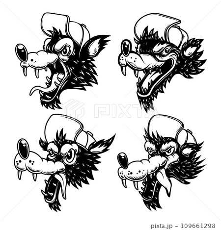 Set of illustrations of cartoon wolf in baseball hat. Design element for logo, label, sign, emblem, banner. Vector illustration 109661298