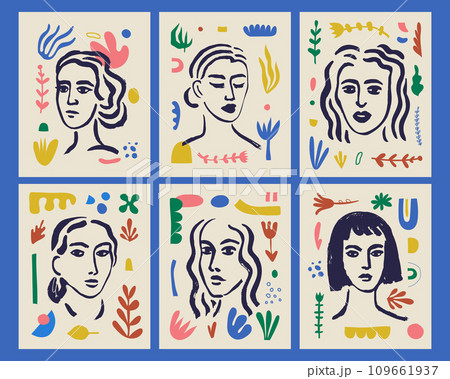 Vector set of abstract woman faces, matisse style illustrations, collage portrait posters, prints. Brush drawing with cutout organic elements Vector set of abstract woman faces, matisse style illustrations, collage portrait posters, prints. Brush drawing with cutout organic elements 109661937