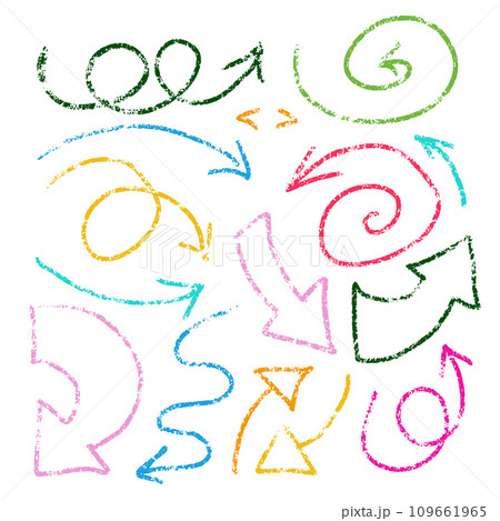 Charcoal arrows icons set. Hand drawn freehand different curved lines, swirls arrows. Crayon strokes drawing, colorful smears. Direction pointers. Scribbles and scrawls. Textured vector illustration. Charcoal arrows icons set. Hand drawn freehand different curved lines, swirls arrows. Crayon strokes drawing, colorful smears. Direction pointers. Scribbles and scrawls. Textured vector illustration. 109661965
