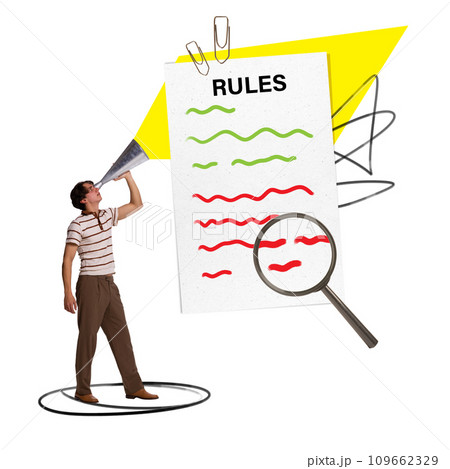 Hr manager showing rules for hiring new employee. Man looking through open vacancy. Contemporary art collage. Recruitment, job vacancy 109662329