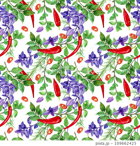 Spicy herbs, watercolor illustration. Laurel, mint, purple basil, red hot pepper on a white background. Design for menu decoration, kitchen textiles. Aromatic spices. 109662425