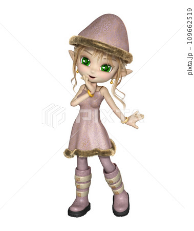 Cute Toon Christmas Elf Girl in a Pink Dress and Hat 109662519