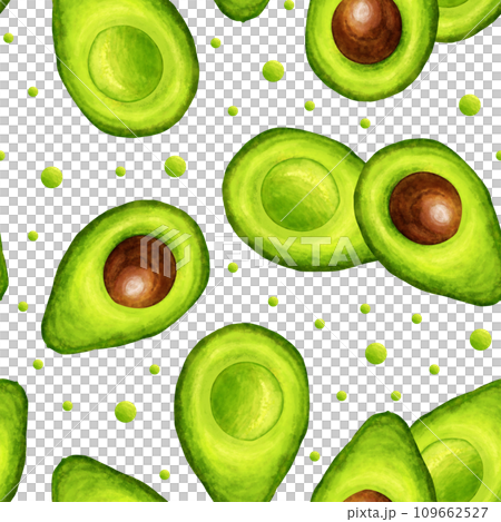 Avocado half seamless pattern. Avocado tropical fresh fruit hand draw watercolor illustration. For textile, paper, wallpaper, design. Avocado half seamless pattern. Avocado tropical fresh fruit hand draw watercolor illustration. For textile, paper, wallpaper, design. 109662527