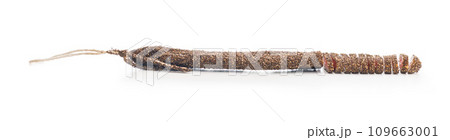 Smoked dried sausage. Sliced sausage isolated on white background. Smoked dried sausage. Sliced sausage isolated on white background. 109663001