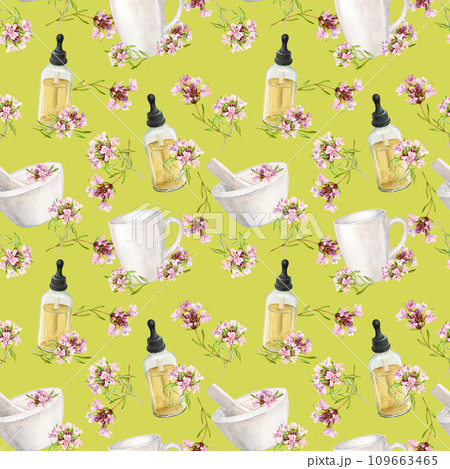 Seamless background with watercolor thyme. Ear with items for aromatherapy, making herbal tea or ecological cosmetics. Fragrant herb, essential oil in a bottle, herbal mortar, white ceramic mug. Seamless background with watercolor thyme. Ear with items for aromatherapy, making herbal tea or ecological cosmetics. Fragrant herb, essential oil in a bottle, herbal mortar, white ceramic mug. 109663465