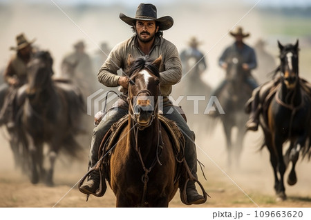 A cowboy in a hat on a western horse 109663620