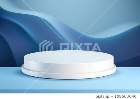 Realistic white cylinder pedestal podium with wavy layers blue shape background. Luxury minimal scene for mock up products showcase Realistic white cylinder pedestal podium with wavy layers blue shape background. Luxury minimal scene for mock up products showcase 109663640
