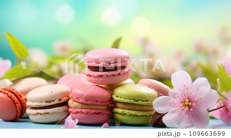 Colorful French macaroons on a spring background 109663699