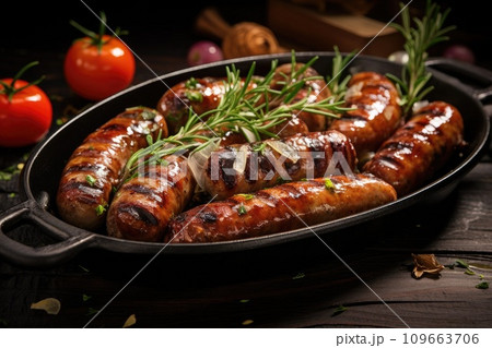 Grilled sausages with the addition of herbs and vegetables on the grill plate 109663706