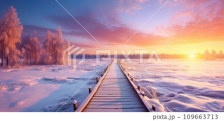 Winter landscape with wooden path at sunset. Winter nature background 109663713