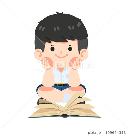 Kid boy student enjoying reading book 109664338