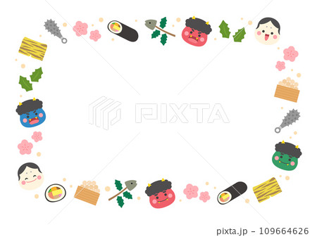 かわいい節分モチーフの飾り枠、横長サイズ かわいい節分モチーフの飾り枠、横長サイズ 109664626
