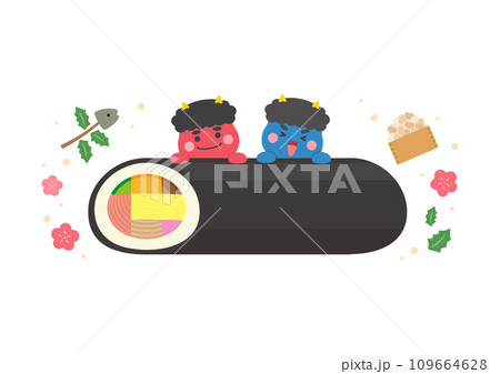 節分のイラスト素材、恵方巻きと赤鬼と青鬼のイラスト素材 [109664628