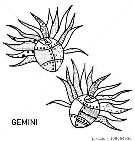 Gemini Zodiac Sign Coloring Page. Hand Drawn Coloring Book in Steampunk Style. Coloring Sheet with Black and White Zen Art Gemini Illustration. Gemini Zodiac Sign Coloring Page. Hand Drawn Coloring Book in Steampunk Style. Coloring Sheet with Black and White Zen Art Gemini Illustration. 109664650