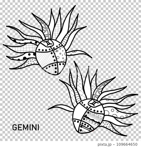 Gemini Zodiac Sign Coloring Page. Hand Drawn Coloring Book in Steampunk Style. Coloring Sheet with Black and White Zen Art Gemini Illustration. Gemini Zodiac Sign Coloring Page. Hand Drawn Coloring Book in Steampunk Style. Coloring Sheet with Black and White Zen Art Gemini Illustration. 109664650