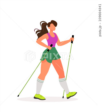 Young woman doing Nordic walking. Flat vector illustration. Active healthy lifestyle Young woman doing Nordic walking. Flat vector illustration. Active healthy lifestyle 109664841