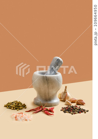 Natural stone mortar and pestle surrounded with spice 109664950