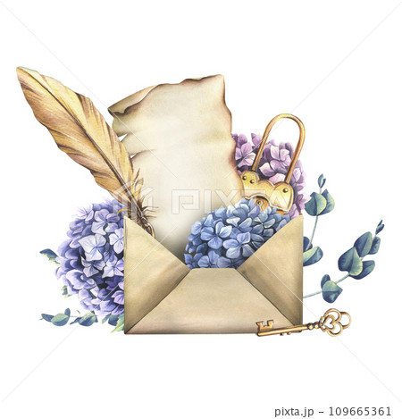 Craft envelope with a sheet of parchment with a gold lock, key and feather, with hydrangea flowers and eucalyptus. Hand drawn watercolor illustration. Isolated blank for text on a white background. 109665361