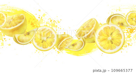 Lemons are yellow, juicy, ripe slices with splashes juice. Watercolor, hand drawn botanical illustration. Seamless board long horizontal garland on a white background. 109665377