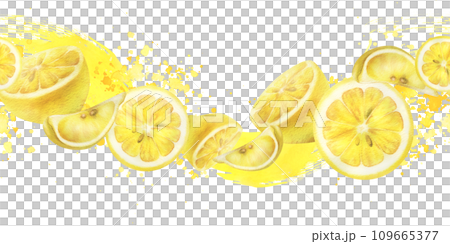 Lemons are yellow, juicy, ripe slices with splashes juice. Watercolor, hand drawn botanical illustration. Seamless board long horizontal garland on a white background. Lemons are yellow, juicy, ripe slices with splashes juice. Watercolor, hand drawn botanical illustration. Seamless board long horizontal garland on a white background. 109665377