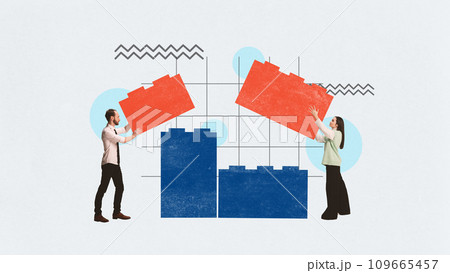 Young man and woman, colleagues connecting puzzles symbolizing teamwork, assistance and common project work. Contemporary art collage. Young man and woman, colleagues connecting puzzles symbolizing teamwork, assistance and common project work. Contemporary art collage. 109665457
