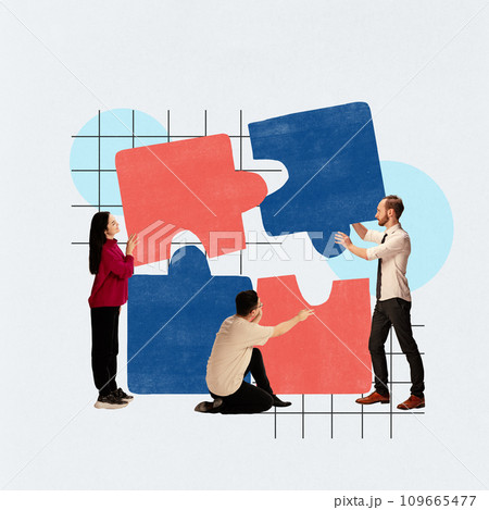 Employees, teams working on project, connecting puzzles symbolizing assistance and partnership. Contemporary art collage. Employees, teams working on project, connecting puzzles symbolizing assistance and partnership. Contemporary art collage. 109665477