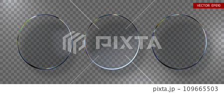 3d transparent glossy round discs with dispersion effect. Rainbow colors reflection glass. Vector illustration. 109665503