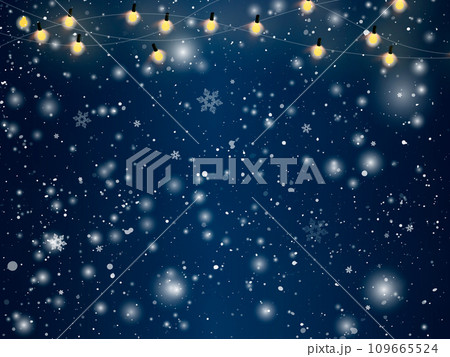 Snowy night with light garlands, falling snow, snowflakes. Winter and new year holidays. Christmas Snowy night with light garlands, falling snow, snowflakes. Winter and new year holidays. Christmas 109665524
