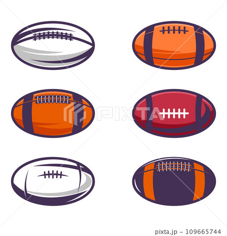 Set of Illustrations of rugby balls in vintage monochrome style. Design element for logo, label, sign, emblem, poster. Vector illustration 109665744